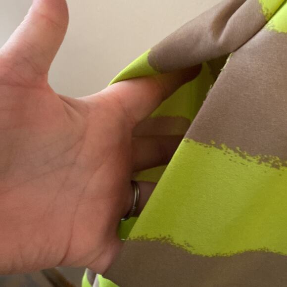 BCBG Green Gray Striped Ruffle V Neck Lined Sleeveless Feminine Mini Dress Small - Picture 4 of 12